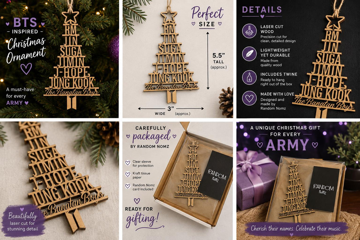 BTS Inspired Christmas Ornament | Bangtan Boys Wooden Ornament | Kpop Fan Gift | Stacked Member Names