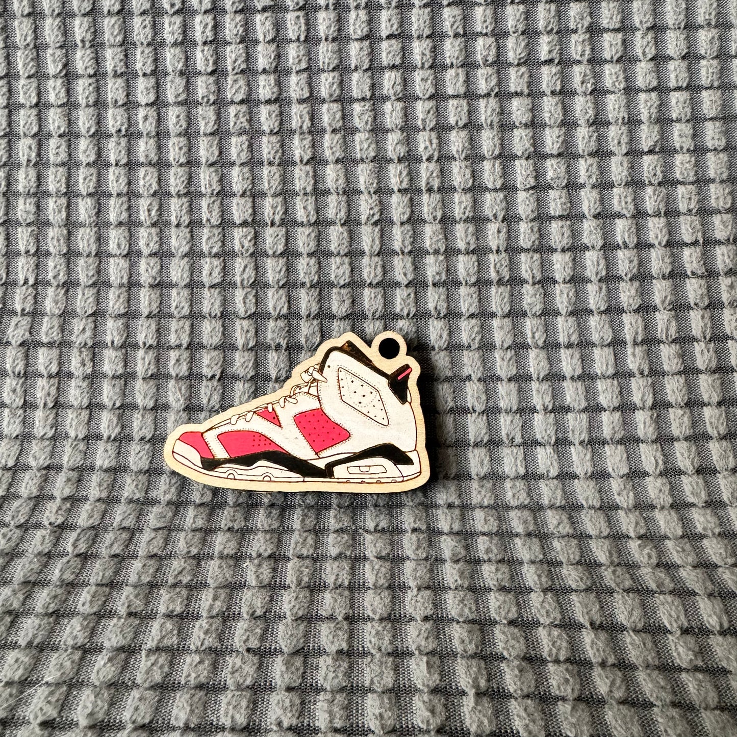 Jordan Sneaker Wood Keychain (Black Red and White)