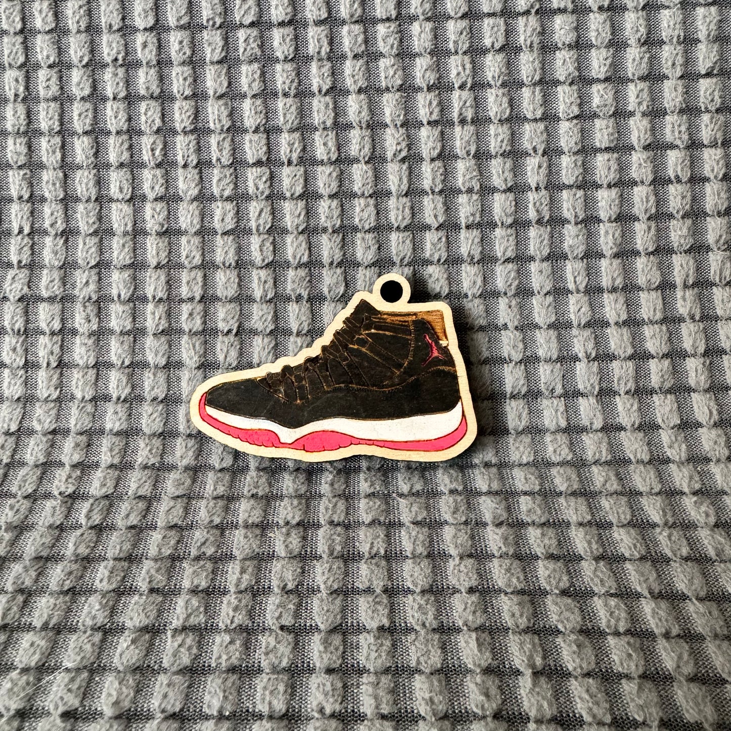 Jordan Sneaker Wood Keychain (Black Red and White)