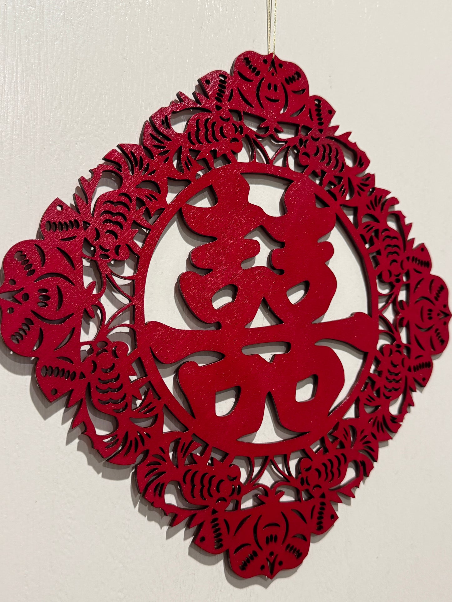 Chinese New Year Double Happiness Wood sign (Lace and Bats)