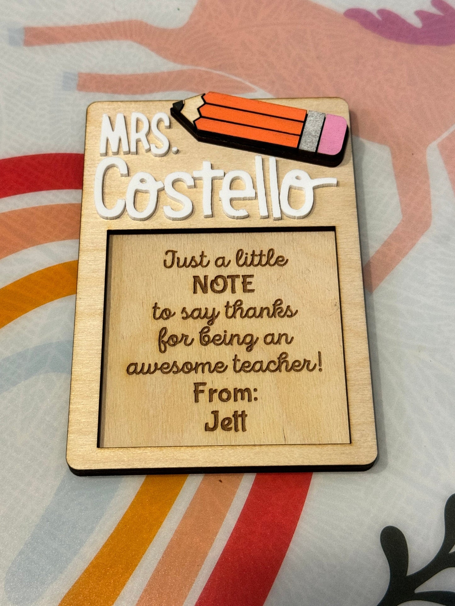 Teacher Appreciation Post It Note Holder - Wood and Acrylic Engraved