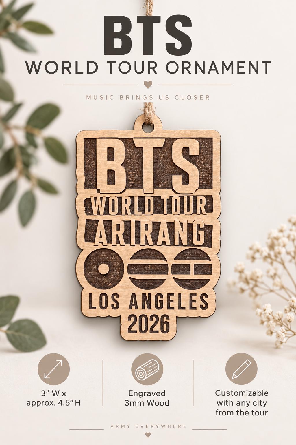 BTS World Tour 2026 Ornament | Personalized City Engraved Wood Concert Keepsake | ARMY Gift | Arirang Tour Souvenir