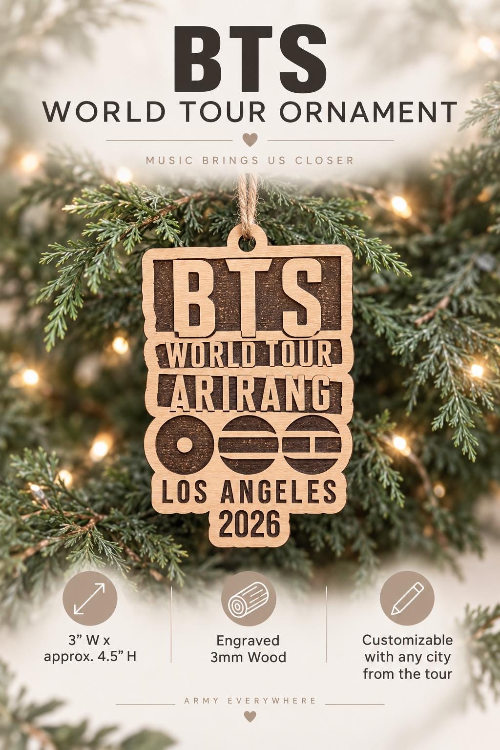 BTS World Tour 2026 Ornament | Personalized City Engraved Wood Concert Keepsake | ARMY Gift | Arirang Tour Souvenir