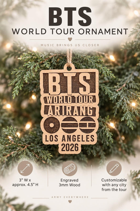 BTS World Tour 2026 Ornament | Personalized City Engraved Wood Concert Keepsake | ARMY Gift | Arirang Tour Souvenir