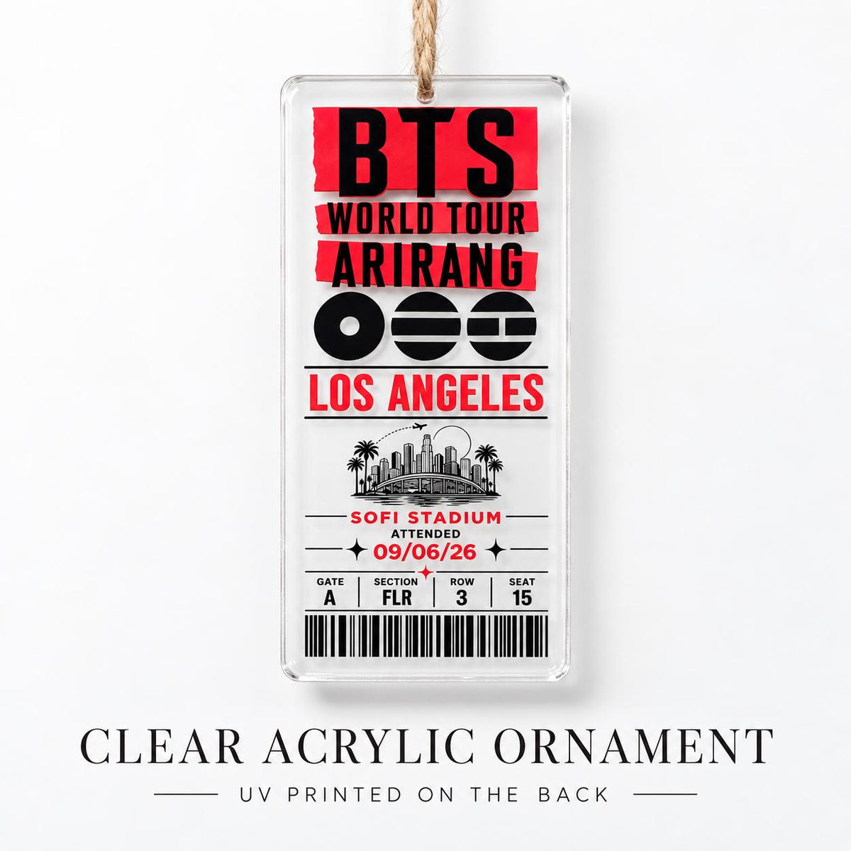 BTS 2026 North America Arirang World Tour Ornament, Personalized Concert Ticket, Clear Acrylic Ornament, Custom City & Concert Date, ARMY