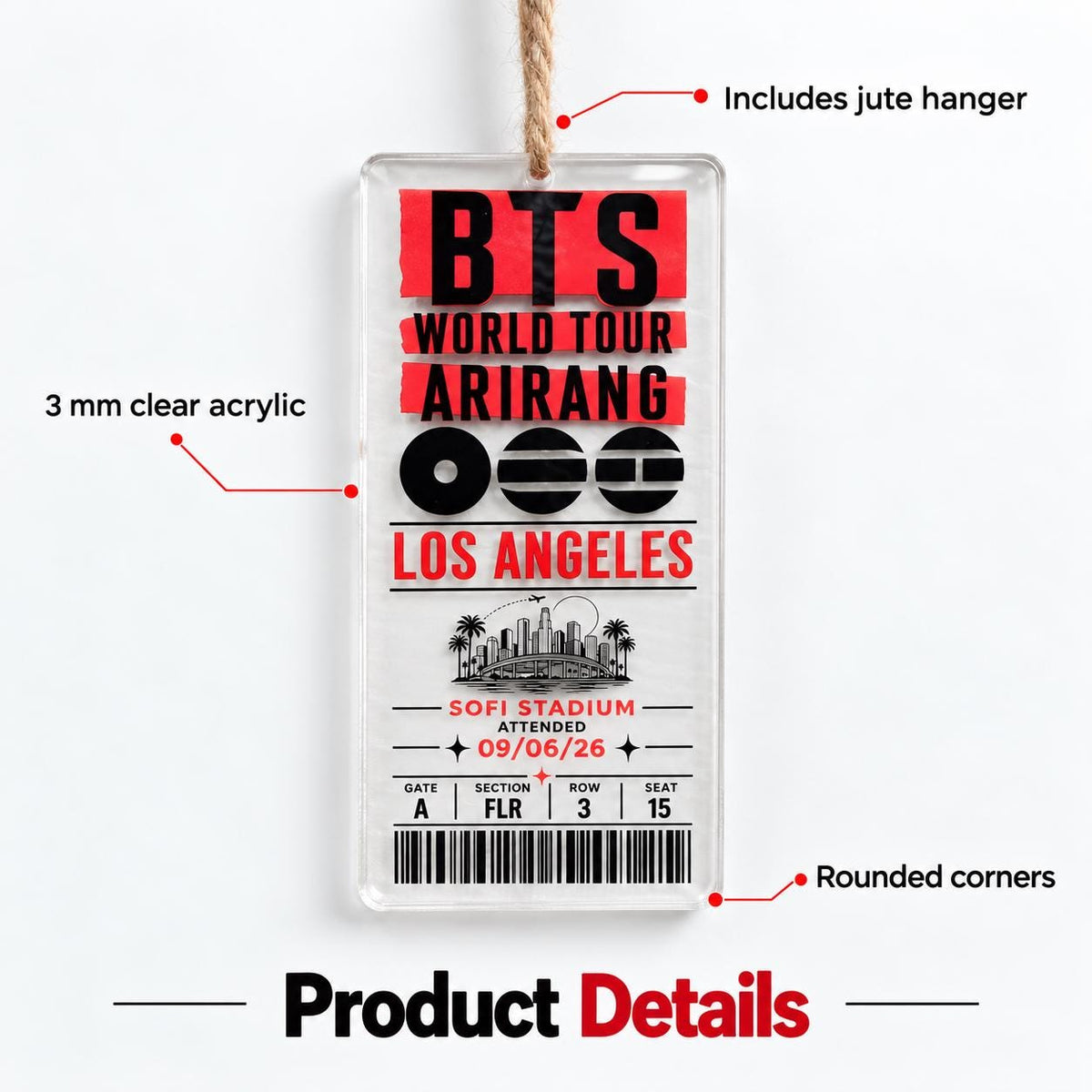 BTS 2026 North America Arirang World Tour Ornament, Personalized Concert Ticket, Clear Acrylic Ornament, Custom City & Concert Date, ARMY
