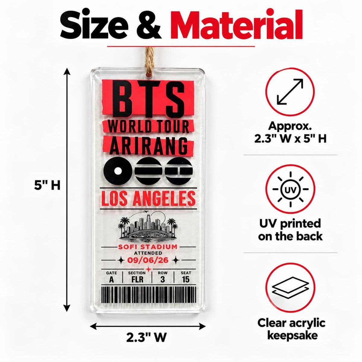 BTS 2026 North America Arirang World Tour Ornament, Personalized Concert Ticket, Clear Acrylic Ornament, Custom City & Concert Date, ARMY