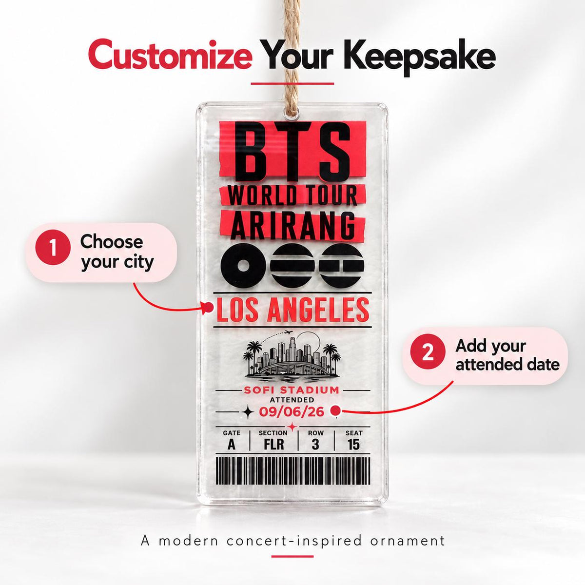 BTS 2026 North America Arirang World Tour Ornament, Personalized Concert Ticket, Clear Acrylic Ornament, Custom City & Concert Date, ARMY
