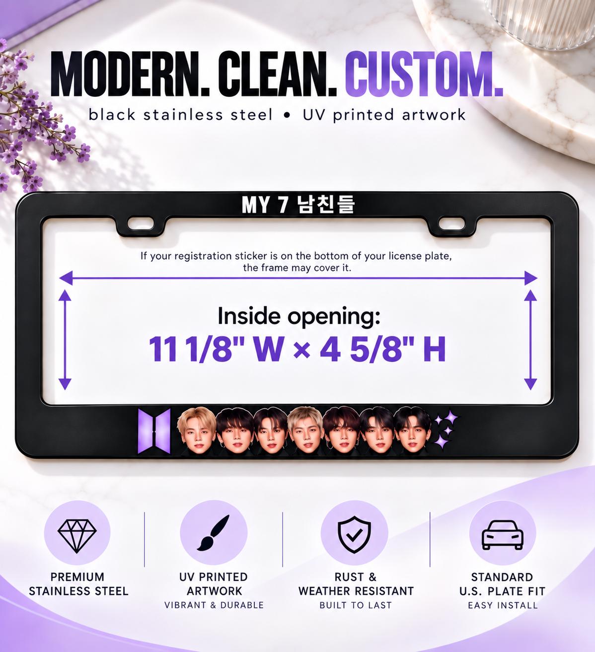 BTS Inspired My 7 BFs License Plate Frame - Black Stainless Steel, UV Printed (11 1/8" x 4 5/8")